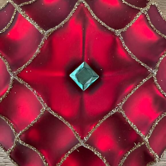 Set of 2 Traditional Red Quilted Glass Christmas Ornaments 5” x 5” Jewel Accent - Picture 4 of 9